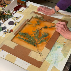Placing found natural objects on the plate to act as stencils